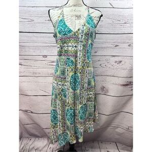 Emma & Michele medium lined spaghetti strap green dress with multi color pattern